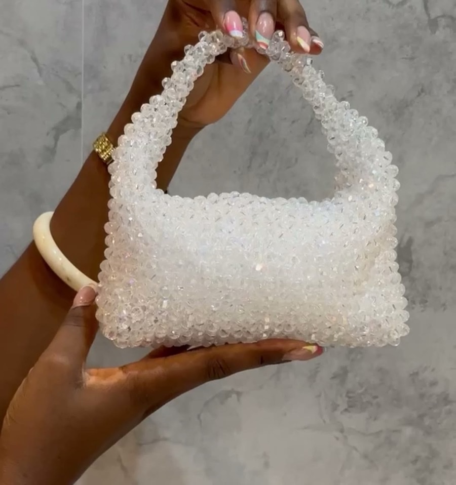 Grace, a white crystal-beaded top-handle bag