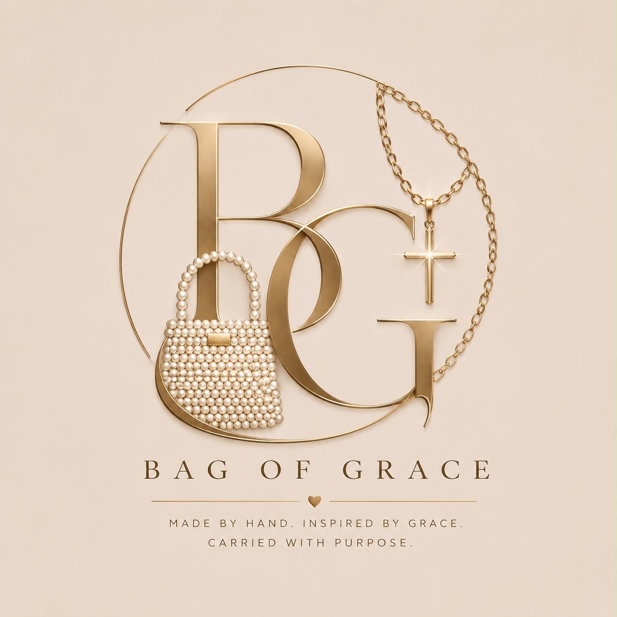 Bag of Grace: a gold B and G monogram with a pearl-beaded handbag and a cross on a chain. Made by hand. Inspired by grace. Carried with purpose.